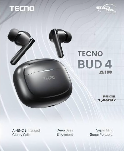 Tecno Buds 4 Air True Wireless Earbuds – 10mm Bass Drivers, AI-ENC Noise Cancellation, 22H Battery Life, Bluetooth 5.4, Ultra-Light 3.3g, IPX4 Water Resistance for Sports Calls