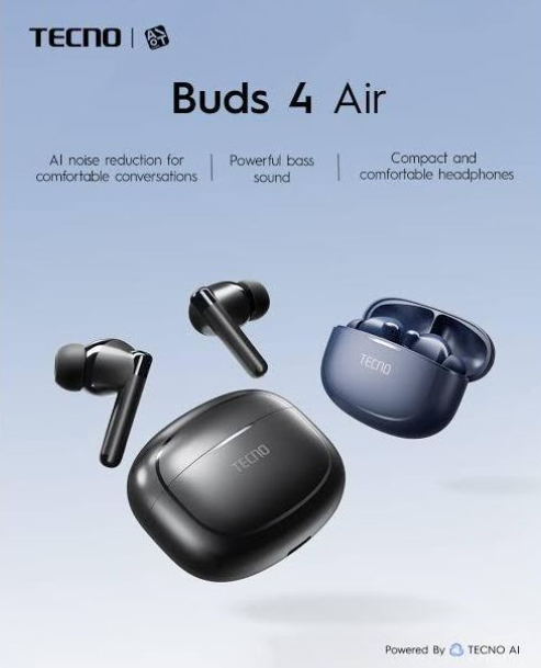 Tecno Buds 4 Air True Wireless Earbuds – 10mm Bass Drivers, AI-ENC Noise Cancellation, 22H Battery Life, Bluetooth 5.4, Ultra-Light 3.3g, IPX4 Water Resistance for Sports Calls