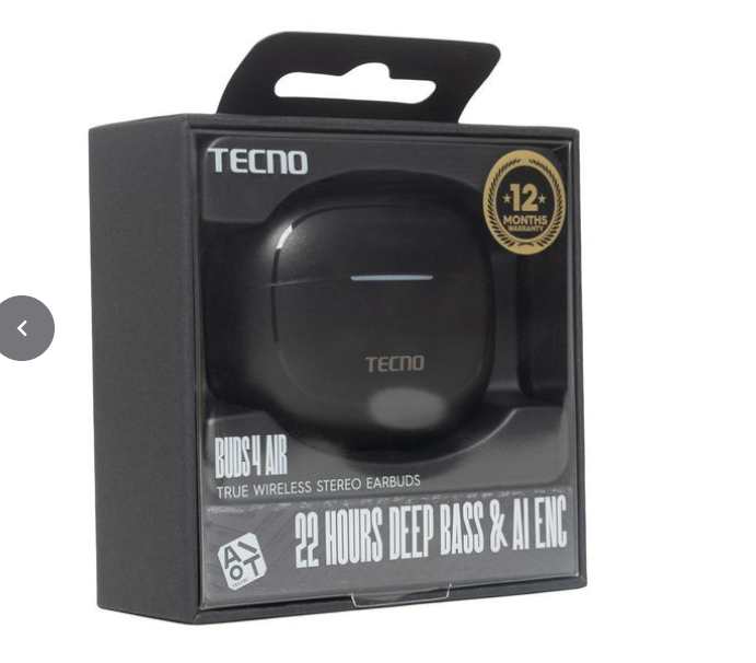 Tecno Buds 4 Air True Wireless Earbuds – 10mm Bass Drivers, AI-ENC Noise Cancellation, 22H Battery Life, Bluetooth 5.4, Ultra-Light 3.3g, IPX4 Water Resistance for Sports Calls