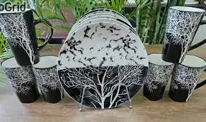 24 Pieces Dinner Set Combo – Elegant Ceramic Tableware Set with 6 Black Checked Bowls, 6 Black Mugs, 6 Tree Design Plates & 3 Ceramic Serving Dishes – Stylish Complete Dining Set for Home, Kitchen & R