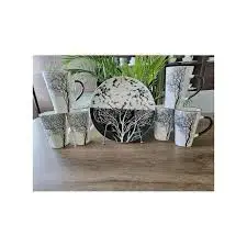 24 Pieces Dinner Set Combo – Elegant Ceramic Tableware Set with 6 Black Checked Bowls, 6 Black Mugs, 6 Tree Design Plates & 3 Ceramic Serving Dishes – Stylish Complete Dining Set for Home, Kitchen & R
