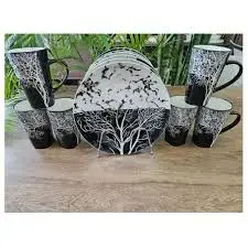 24 Pieces Dinner Set Combo – Elegant Ceramic Tableware Set with 6 Black Checked Bowls, 6 Black Mugs, 6 Tree Design Plates & 3 Ceramic Serving Dishes – Stylish Complete Dining Set for Home, Kitchen & R