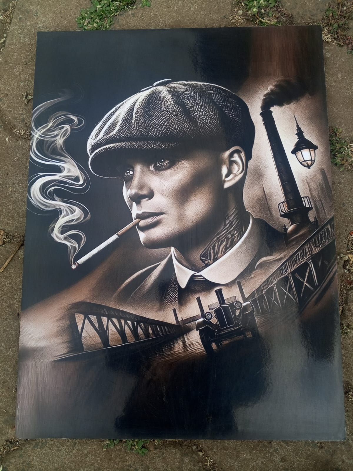 Thomas Shelby (Peaky Blinders) portrait wall art. Signature flat cap, and vintage vintage aesthetic of Cillian Murphy's legendary character.