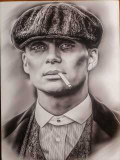 Thomas Shelby (Peaky Blinders) portrait wall art. Signature flat cap, and vintage vintage aesthetic of Cillian Murphy's legendary character.
