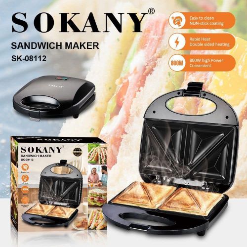 Sokany 2-Slice Electric Sandwich Maker – 750W Non-Stick Bread Toaster & Panini Press with Indicator Lights