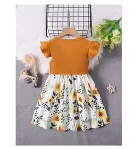 kids' mustard and white floral skirt-and-top set (frock or co-ord set