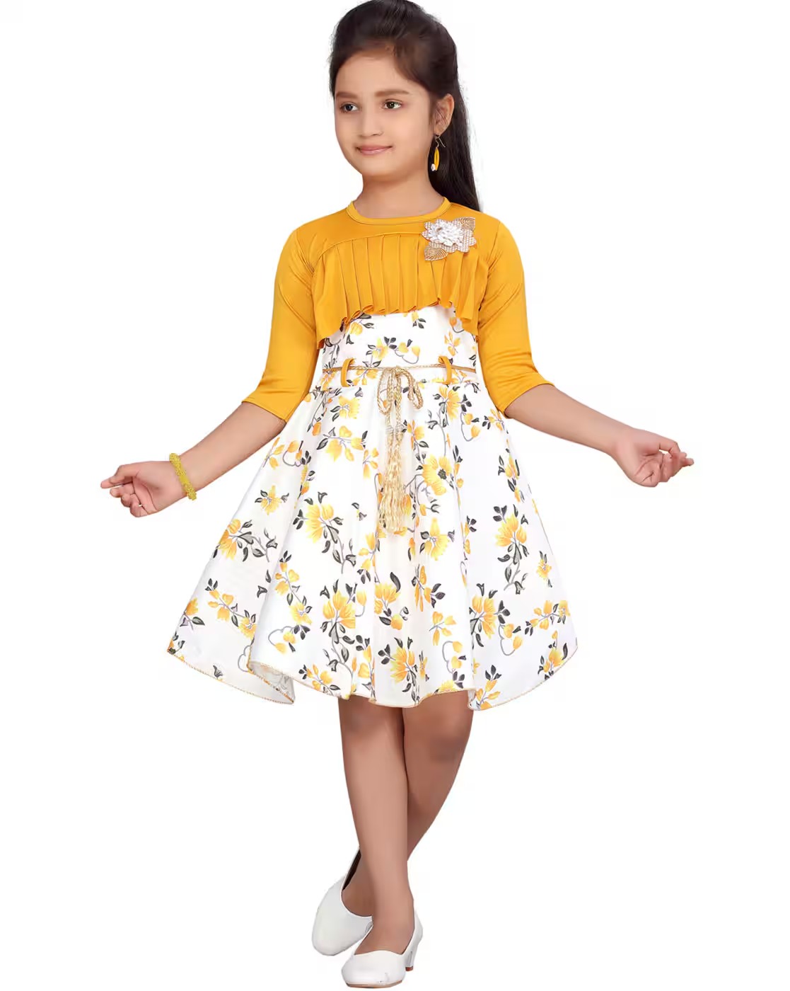 kids' mustard and white floral skirt-and-top set (frock or co-ord set