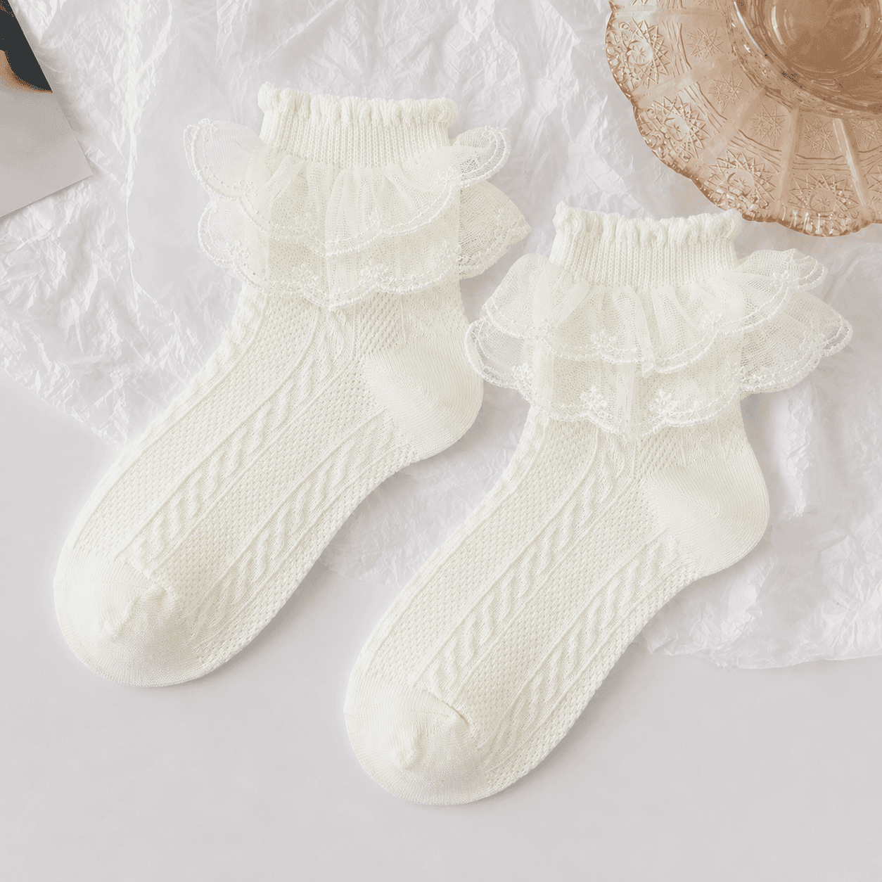 Girls Cotton Lace Socks – Lolita Style Thin Knit Fluffy Kids Socks, Soft Breathable Princess Socks