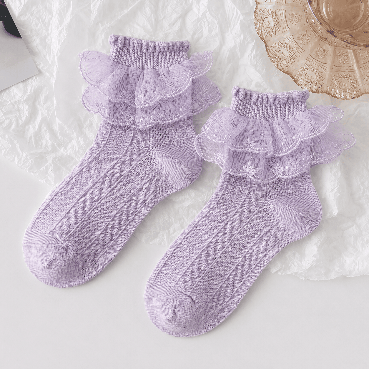 Girls Cotton Lace Socks – Lolita Style Thin Knit Fluffy Kids Socks, Soft Breathable Princess Socks