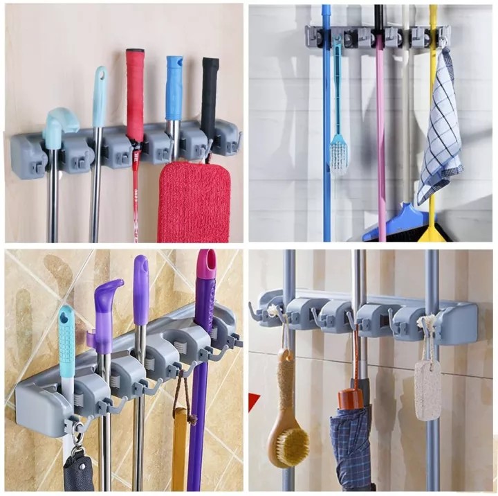 Broom Mop Holder Tidy Organizer Wall Mounted 5 Position 6 Hooks Plastic Cleaning Tool Storage Rack for Kitchen Bathroom Office Hospital Home Organization