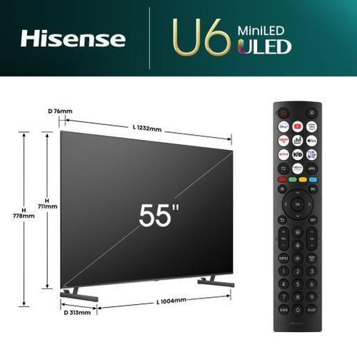 Hisense 55U6 55 Inch Mini-LED ULED 4K Smart TV VIDAA OS Quantum Dot Dolby Vision Dolby Atmos 144Hz Game Mode WiFi Bluetooth Voice Control 2 Year Warranty