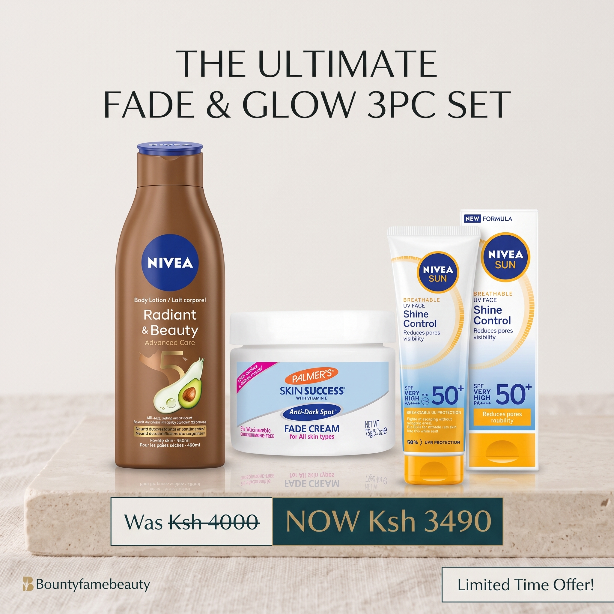 Fade and Glow Skincare Set 3pc Nivea Body Lotion Palmers Fade Cream Nivea Sun SPF50