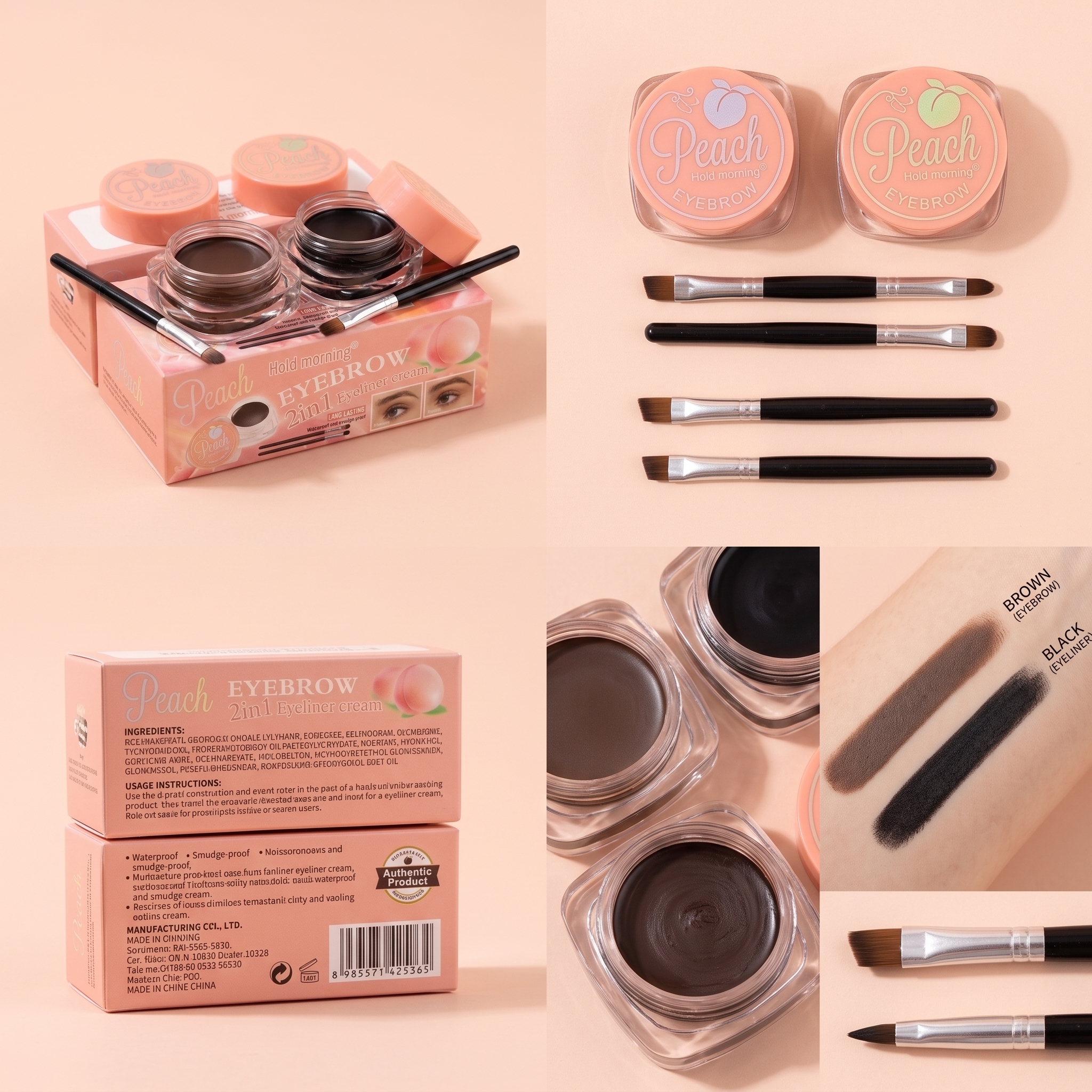 Hold Morning Peach 2in1 Eyebrow Cream Gel Waterproof Long Lasting with Brush Brown Black