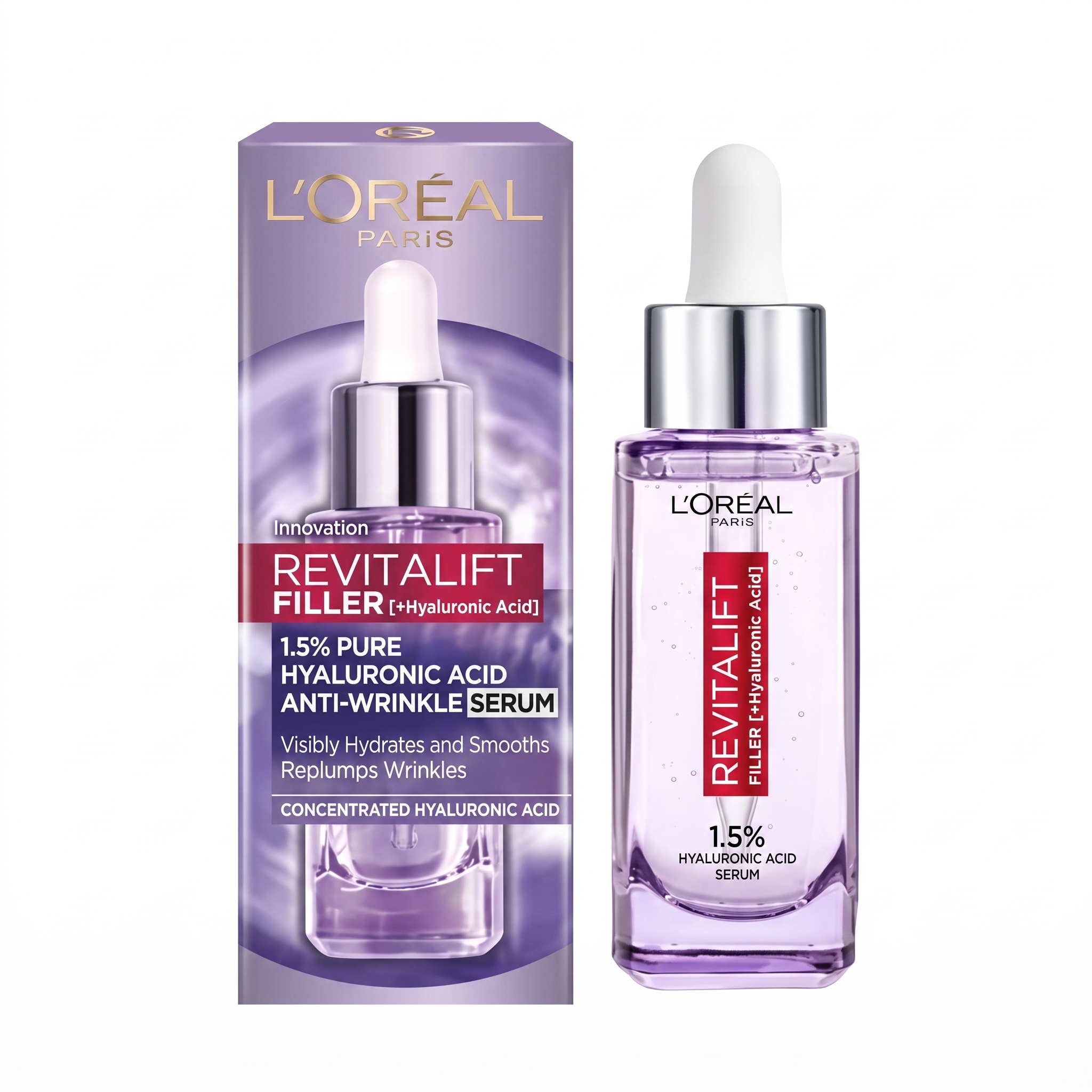 L'Oréal Paris Revitalift Filler 1.5% Pure Hyaluronic Acid Anti-Wrinkle Serum – Replumps Wrinkles Visibly Hydrates and Smooths Skin for Women