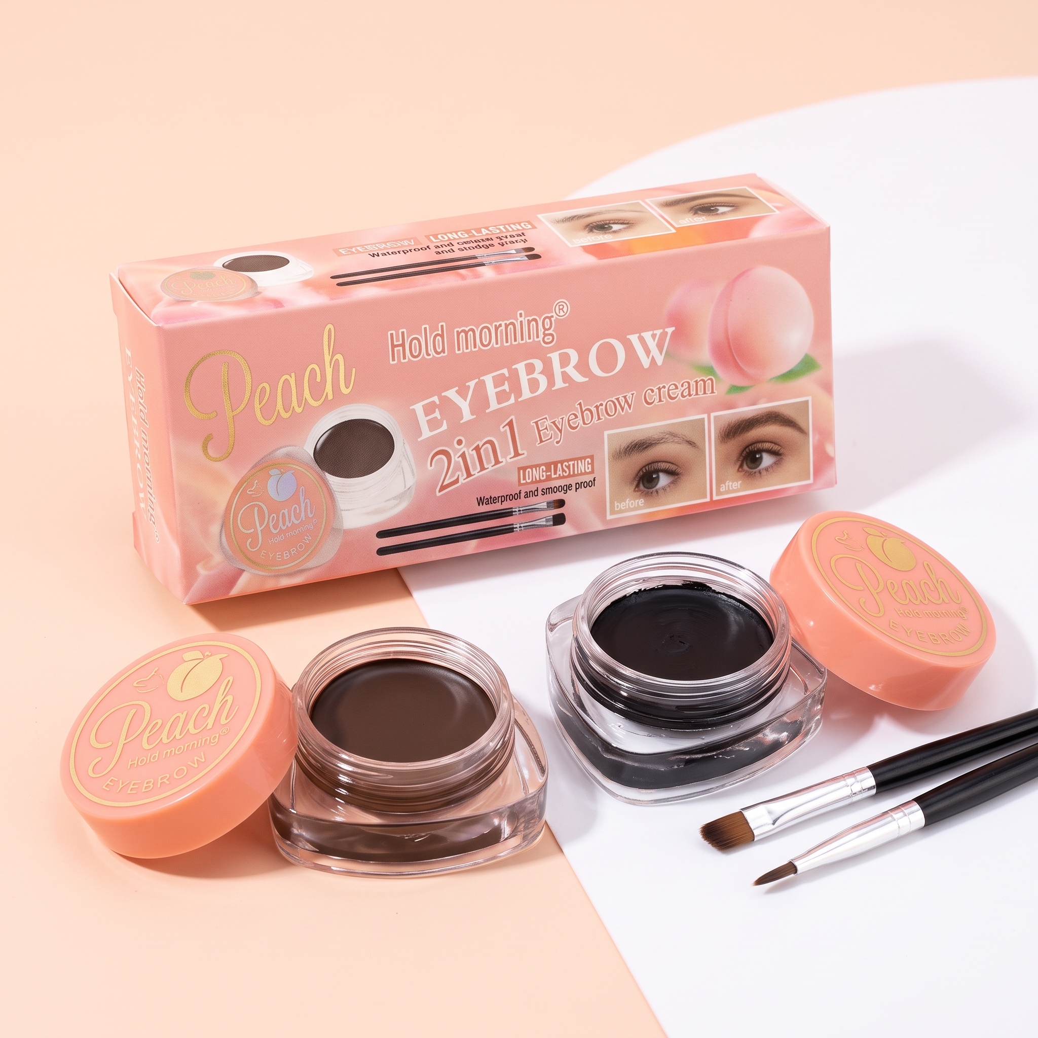Hold Morning Peach 2in1 Eyebrow Cream Gel Waterproof Long Lasting with Brush Brown Black