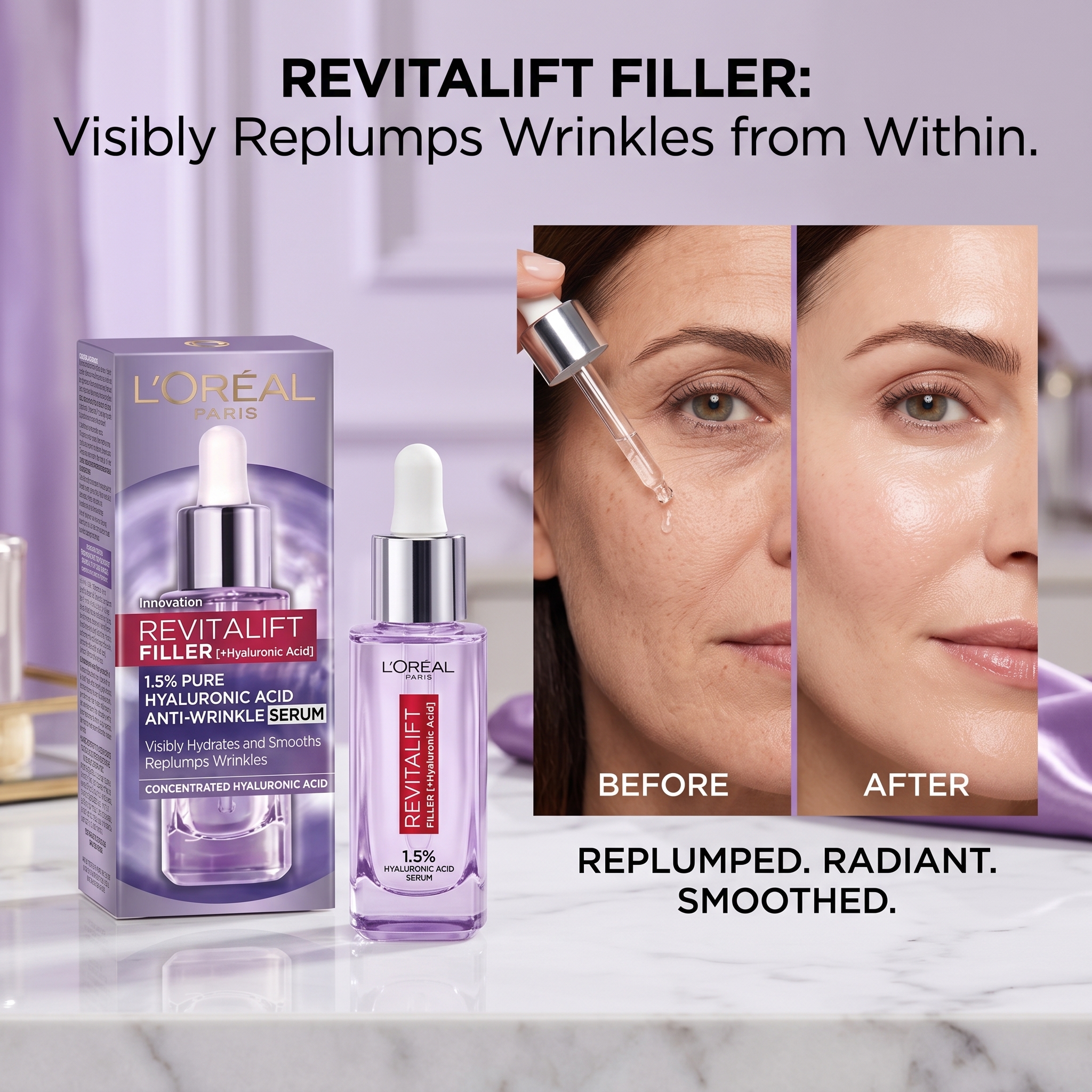 L'Oréal Paris Revitalift Filler 1.5% Pure Hyaluronic Acid Anti-Wrinkle Serum – Replumps Wrinkles Visibly Hydrates and Smooths Skin for Women