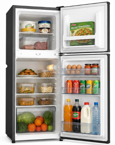 ECOMAX 138L Double Doors Fridge and Freezer with Glass Shelf Energy Saving Compact Household Fridge Household Appliances Refrigerator- 1YR Warranty