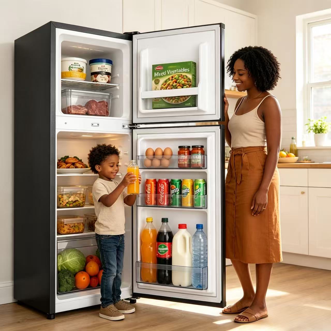 ECOMAX 138L Double Doors Fridge and Freezer with Glass Shelf Energy Saving Compact Household Fridge Household Appliances Refrigerator- 1YR Warranty