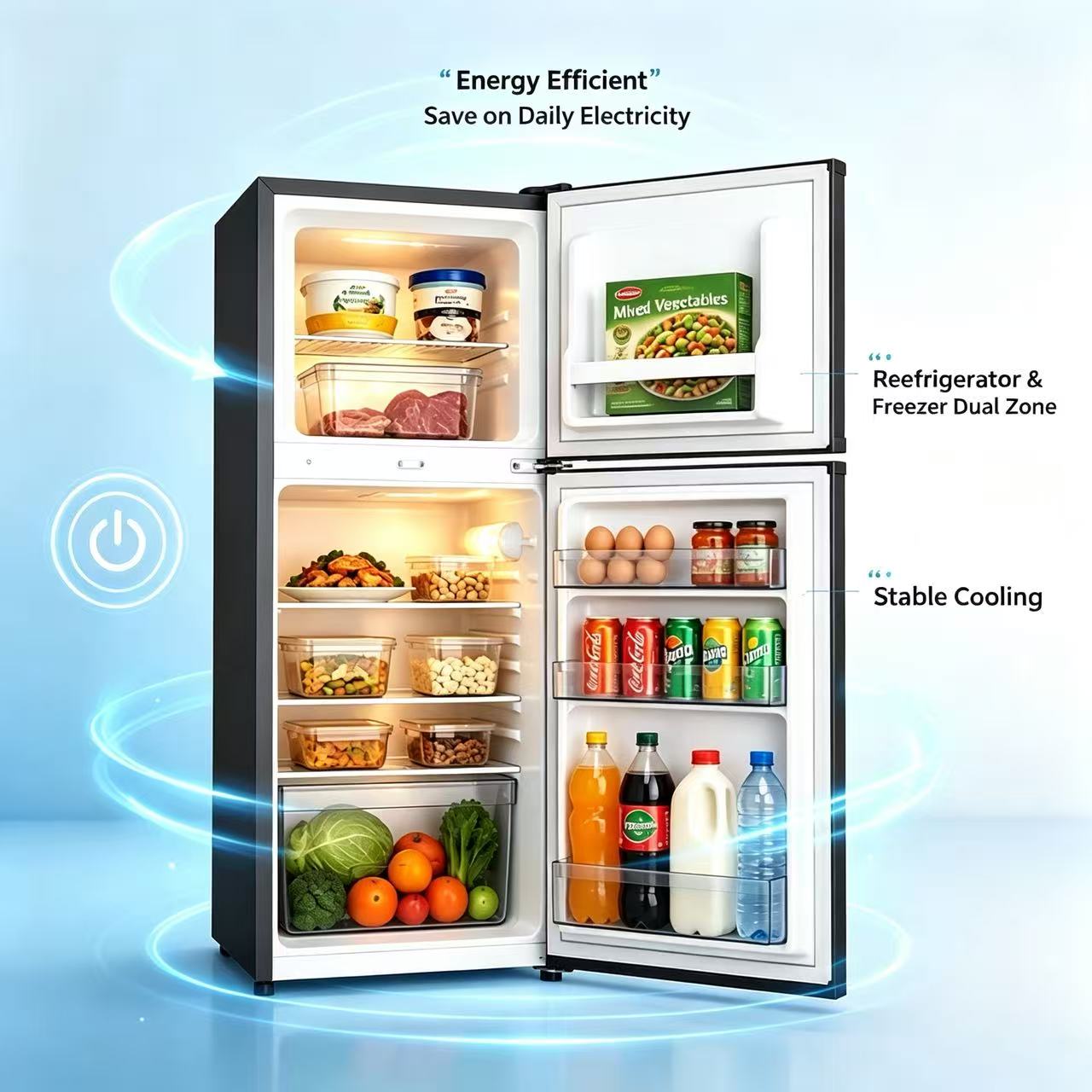 ECOMAX 138L Double Doors Fridge and Freezer with Glass Shelf Energy Saving Compact Household Fridge Household Appliances Refrigerator- 1YR Warranty