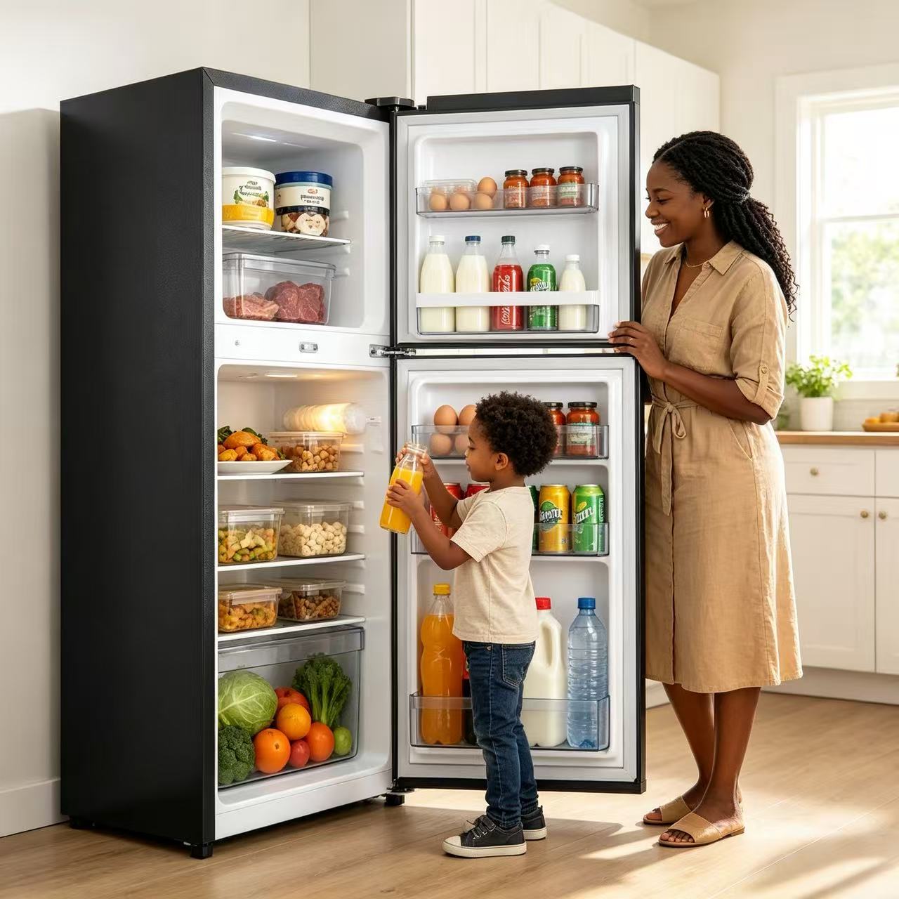 ECOMAX 138L Double Doors Fridge and Freezer with Glass Shelf Energy Saving Compact Household Fridge Household Appliances Refrigerator- 1YR Warranty