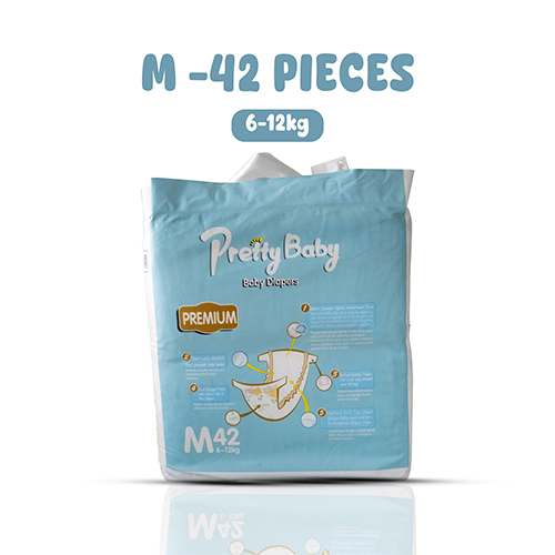 Pretty Baby Premium Diapers Medium - M (42 Pcs) | Ultra-Soft, Zero-Mark & 12-Hour Leak Protection for Babies 6-12kg | Breathable & Rash-Free