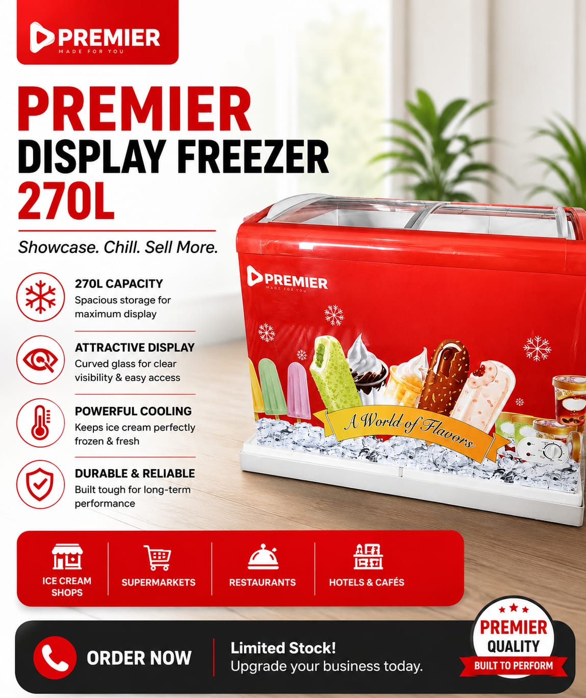 🔥 Premier 270L Display Freezer ❄️

Showcase and preserve your products with the Premier 270-Litre Display Freezer—perfect for shops, supermarkets, cafés, and restaurants.

✅ 270-Litre Large Capacity