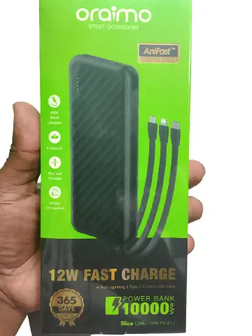 Oraimo powerbank 10000mah with attached cables and portable