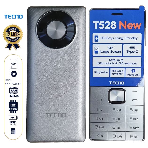 Tecno T528 NEW, 3.0'' 16MB ROM + 8MB RAM, FM Radio,(Dual SIM) 2500mAh Battery Type C Mobile Phones > Featured Phones