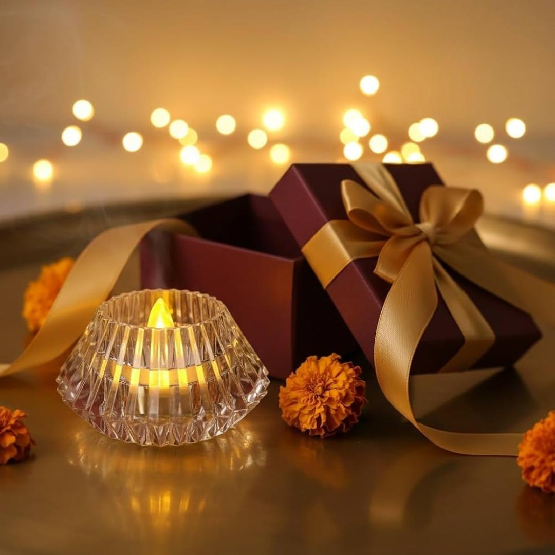 3PCS / Crystal Glass Lotus Tealight Candle Holder Set with LED Flameless Candles