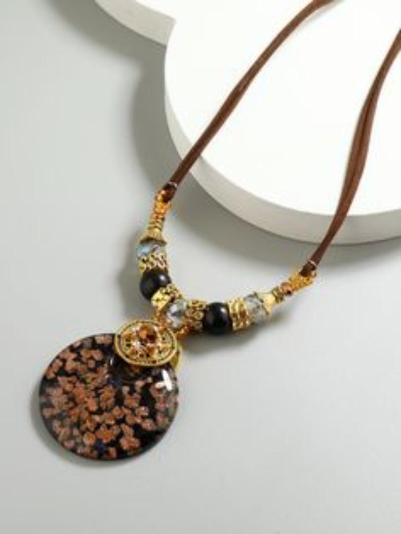Retro Bohemian Glass Foil Round Disc Pendant Necklace with Adjustable Cord