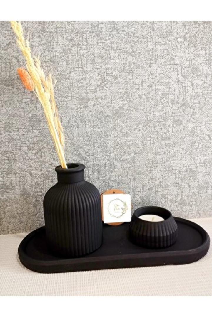 3pcs Scented Soy Wax Candle Set Decorative Tray Ribbed Vase