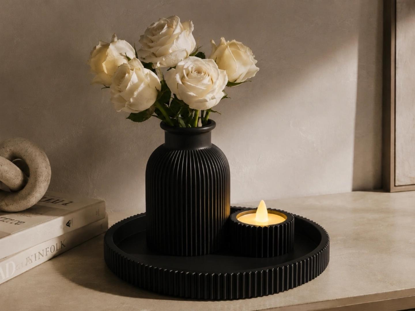 3pcs Scented Soy Wax Candle Set Decorative Tray Ribbed Vase