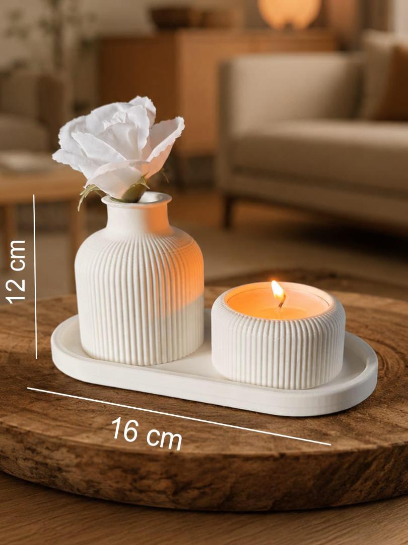 3pcs Scented Soy Wax Candle Set Decorative Tray Ribbed Vase