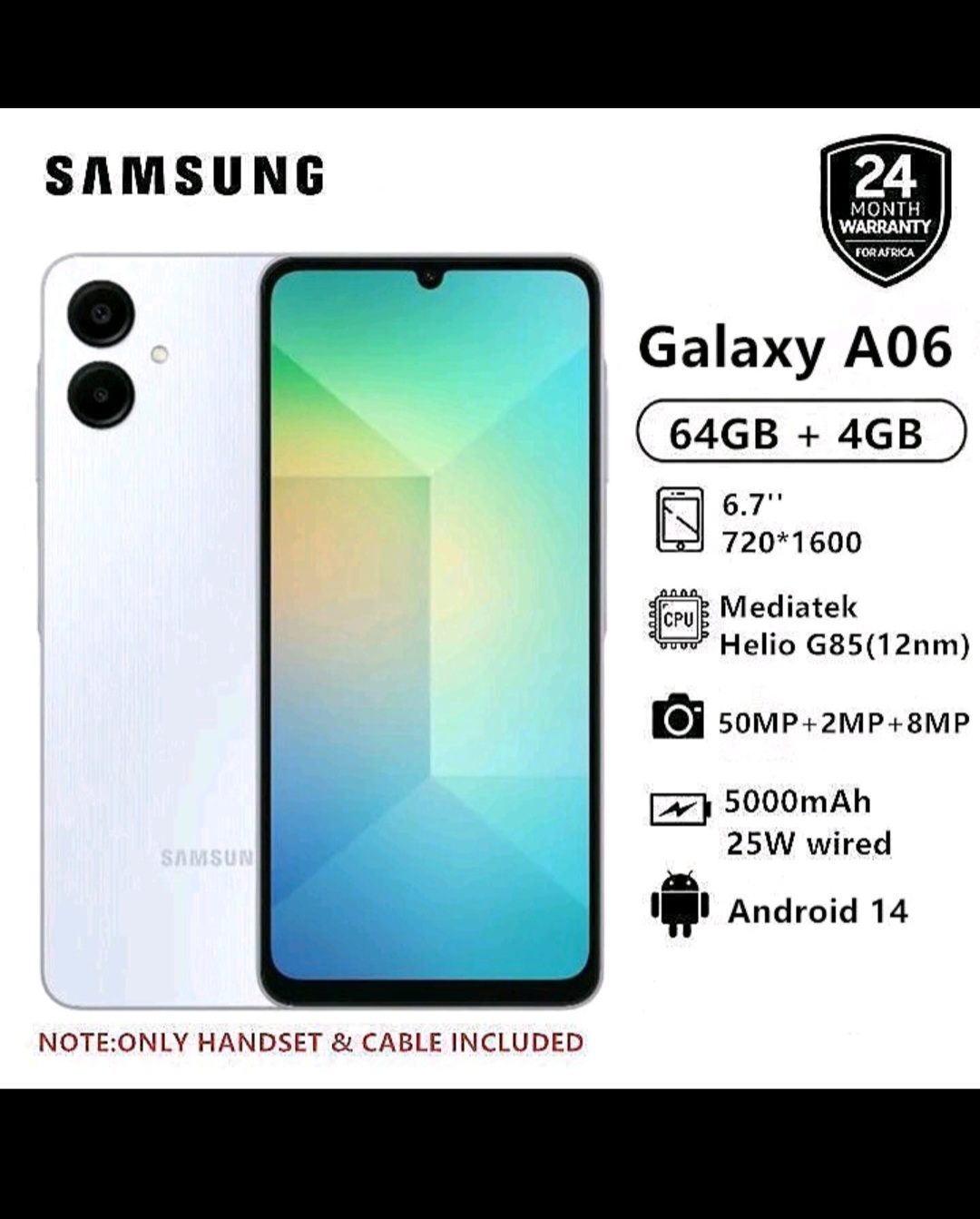 [Limited Offer] Brand New Samsung Galaxy A06 64GB+4GB 50MP Camera 6.7" 90Hz MTK Helio G85 (12nm) 5000mAh 25W Type-C Charge Android 14 Smart Phones phone Samsung A06