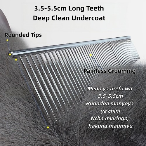 Stainless Steel Pet (Paka & Mbwa) Comb Double Dense & Wide Spaced Teeth, Electroplated, Rounded Smooth Teeth, Untangle Knots Remove Loose Fur, Flea & Lice Remover for Dogs and Cats Grooming
