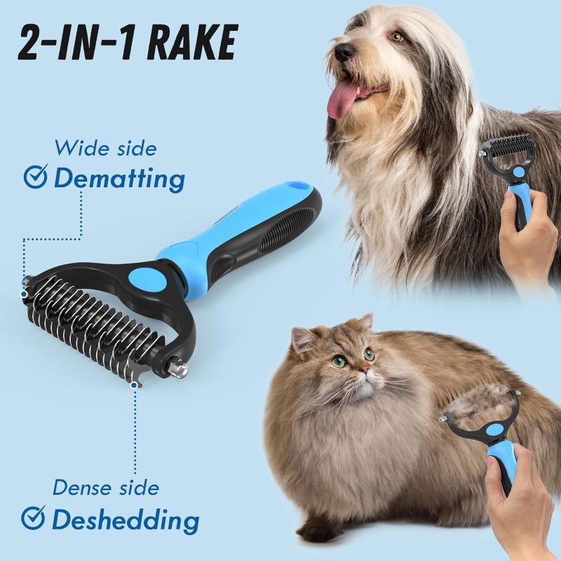 Pet Grooming Combo: Dual Sided Dematting Undercoat Rake Deshedding Brush + Stainless Steel Metal Comb, Safe Blades Clear Mats & Loose Fur Anti-Slip Handle for Long Matted Hair Dogs, Cats & Small Pets
