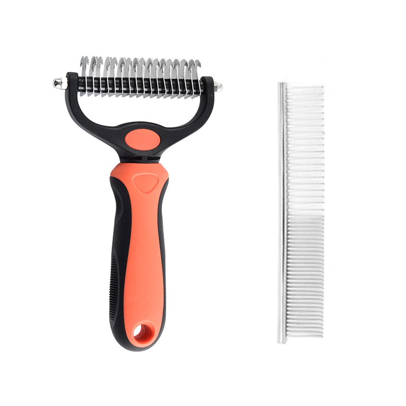 Pet Grooming Combo: Dual Sided Dematting Undercoat Rake Deshedding Brush + Stainless Steel Metal Comb, Safe Blades Clear Mats & Loose Fur Anti-Slip Handle for Long Matted Hair Dogs, Cats & Small Pets