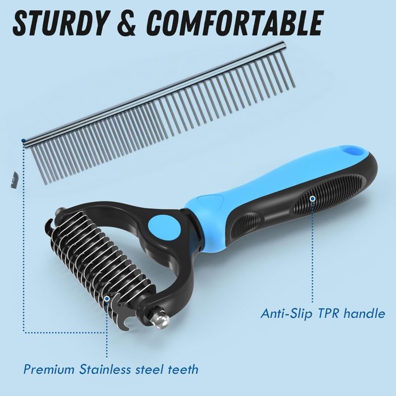 Pet Grooming Combo: Dual Sided Dematting Undercoat Rake Deshedding Brush + Stainless Steel Metal Comb, Safe Blades Clear Mats & Loose Fur Anti-Slip Handle for Long Matted Hair Dogs, Cats & Small Pets