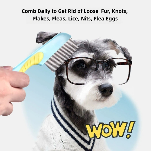 Flea Lice Comb Kutu Brush for Pets Dogs Cats, Non-slip TPR Handle, Stainless Steel Fine Pins for Short Fur, Promotes Fur Growth & Removes Loose Hair, Tangles, Dandruff, Fleas, Lice, Nits & Flea Eggs