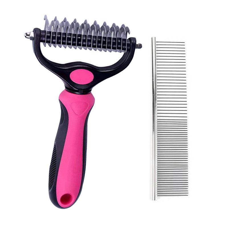 Pet Grooming Combo: Dual Sided Dematting Undercoat Rake Deshedding Brush + Stainless Steel Metal Comb, Safe Blades Clear Mats & Loose Fur Anti-Slip Handle for Long Matted Hair Dogs, Cats & Small Pets