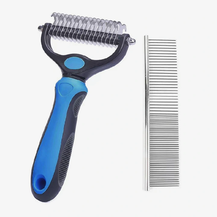 Pet Grooming Combo: Dual Sided Dematting Undercoat Rake Deshedding Brush + Stainless Steel Metal Comb, Safe Blades Clear Mats & Loose Fur Anti-Slip Handle for Long Matted Hair Dogs, Cats & Small Pets