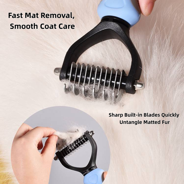 Pet Grooming Combo: Dual Sided Dematting Undercoat Rake Deshedding Brush + Stainless Steel Metal Comb, Safe Blades Clear Mats & Loose Fur Anti-Slip Handle for Long Matted Hair Dogs, Cats & Small Pets
