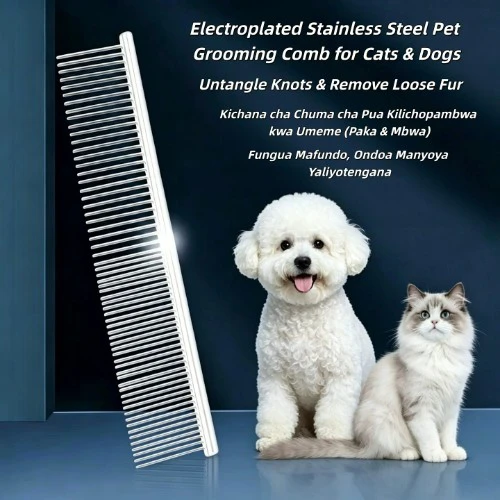 Stainless Steel Pet (Paka & Mbwa) Comb Double Dense & Wide Spaced Teeth, Electroplated, Rounded Smooth Teeth, Untangle Knots Remove Loose Fur, Flea & Lice Remover for Dogs and Cats Grooming