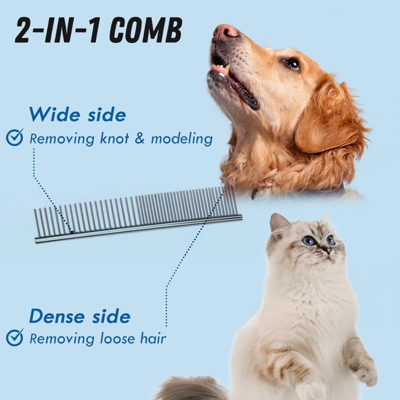 Pet Grooming Combo: Dual Sided Dematting Undercoat Rake Deshedding Brush + Stainless Steel Metal Comb, Safe Blades Clear Mats & Loose Fur Anti-Slip Handle for Long Matted Hair Dogs, Cats & Small Pets