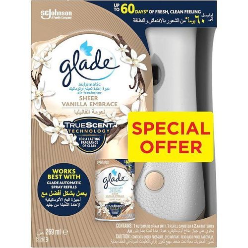 Sc Johnsons Glade Automatic Spray Refill and Holder Kit, Air Freshener for Home and Bathroom-Sheer Vanilla Embrace Decorate the air with this scent diffuser with notes of crisp air, fresh laundry.