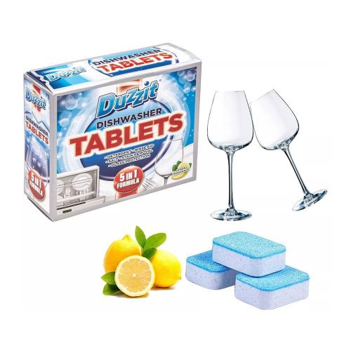 Duzzit 5 in 1 Dishwasher Tablets, Lemon Fragrance- 5 in 1 formula means that each tablet provides detergent , rinse aid, salt, glass protection and stain removal.