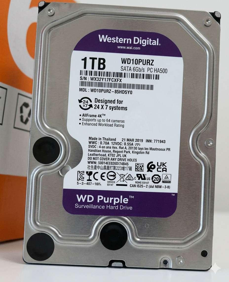 Western Digital WD Purple 1TB Internal Surveillance Hard Drive 3.5 Inch SATA HDD WD10PURZ for CCTV DVR NVR Security Camera Systems 24/7 Recording