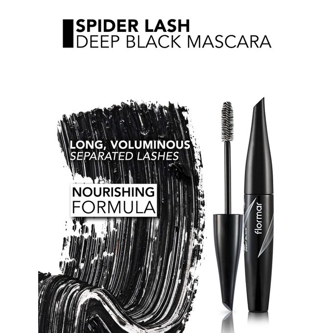 Flormar Spider Lash Deep Black Mascara Intense Black Volume & Length, Make Up Clump-Free Definition, Smudge-Resistant All-Day Wear Eye Makeup