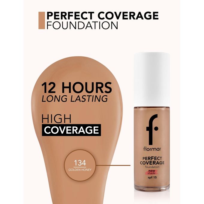 Flormar Perfect Coverage Foundation Soft Rich Texture, Smooth-Looking Skin, Up to 12H Fresh Wear, SPF 15 Makeup
