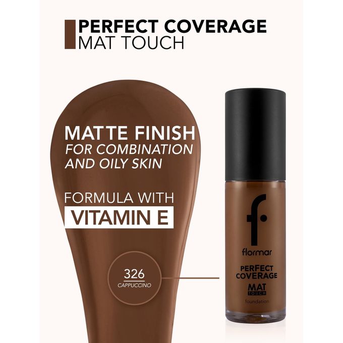 Flormar Perfect Coverage Mat Touch Foundation Matte Finish Foundation, Oil-Control Effect, High Coverage Look, Smooth Skin Appearance Face Makeup
